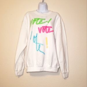 BP Women's White Neon Glow Vote Crew Neck Long Sleeve Fleece Sweatshirt Small